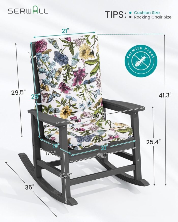 SERWALL SEWALL Oversized Outdoor Rocking Chair Set of 2, HDPE Rocking Chair with Cushion, Patio Rocking Chairs for Porch, Gray Chair+Flower Cushion - Image 3
