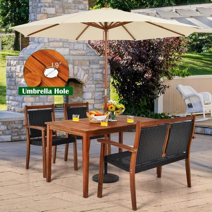HAPPYGRILL 4 Piece Patio Dining Set Outdoor PE Rattan Space-Saving Dining Table Set with Umbrella Hole, Patio Armchairs and Acacia Wood Table Set for Garden Backyard Poolside - Image 2