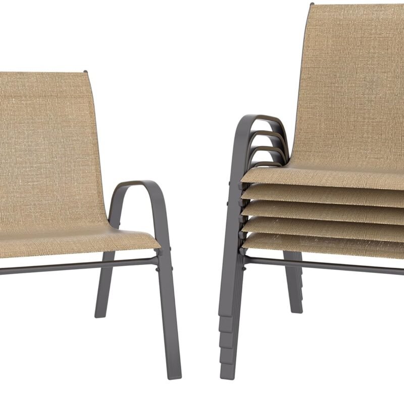 Xilingol Patio Chairs Set of 6, Outdoor Lightweight Stackable Dining Chairs w/All-Weather Textilene Fabric & Metal Frame, 350LBS Capacity, Outdoor Furniture for Pool Deck, Backyard, Garden (Khaki)