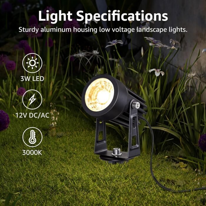 SUNVIE 3W Low Voltage Landscape Lighting LED Landscape Spotlights with Connectors Waterproof Low Voltage Landscape Lights 3000K Warm White Uplights Outdoor Spot Lights for Yard Garden House, 4 Pack - Image 2