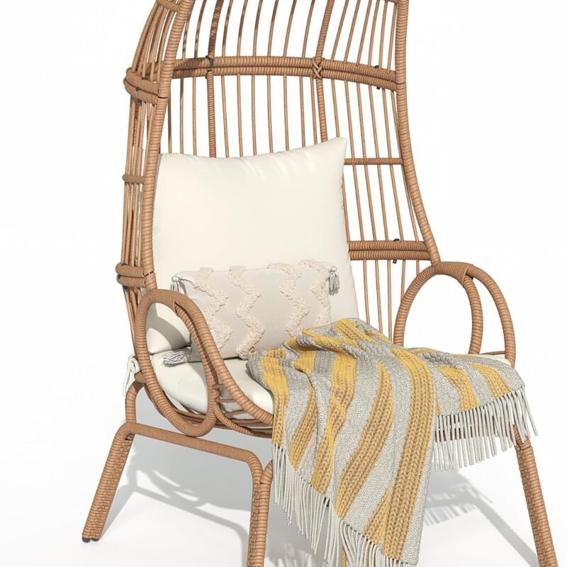 YITAHOME Outdoor Narrow Egg Chair Wicker, Patio Rattan Basket Chair with 370lbs Capacity Indoor Egg Chairs with Stand & Cushion Cocoon Chair for Bedroom, Patio, Balcony - Beige