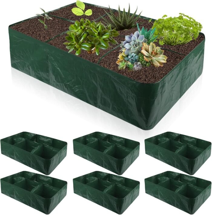 6 Pack 35 Gallon Raised Garden Beds Rectangle Garden Planting Bed with 6 Divided Grids Drainage Holes 4 Pcs White Gloves Warehouse Gloves for Vegetables Flowers Tomatoes Herb (Polypropylene, Cotton)