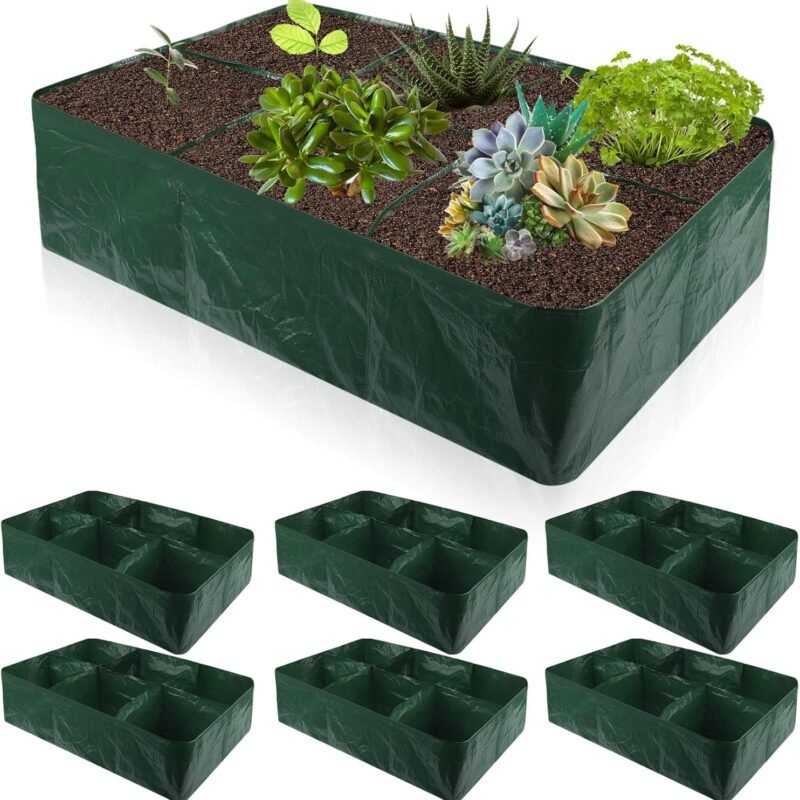 6 Pack 35 Gallon Raised Garden Beds Rectangle Garden Planting Bed with 6 Divided Grids Drainage Holes 4 Pcs White Gloves Warehouse Gloves for Vegetables Flowers Tomatoes Herb (Polypropylene, Cotton)