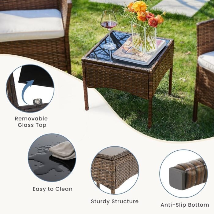 DUMOS Patio Furniture Set 3 Pieces, Outdoor Wicker Furniture with Coffee Table, Modern Rattan Patio Chairs Conversation Sets with Sofa for Garden, Terrace, Porch, Balconies, Lawns(Brown and Beige) - Image 3