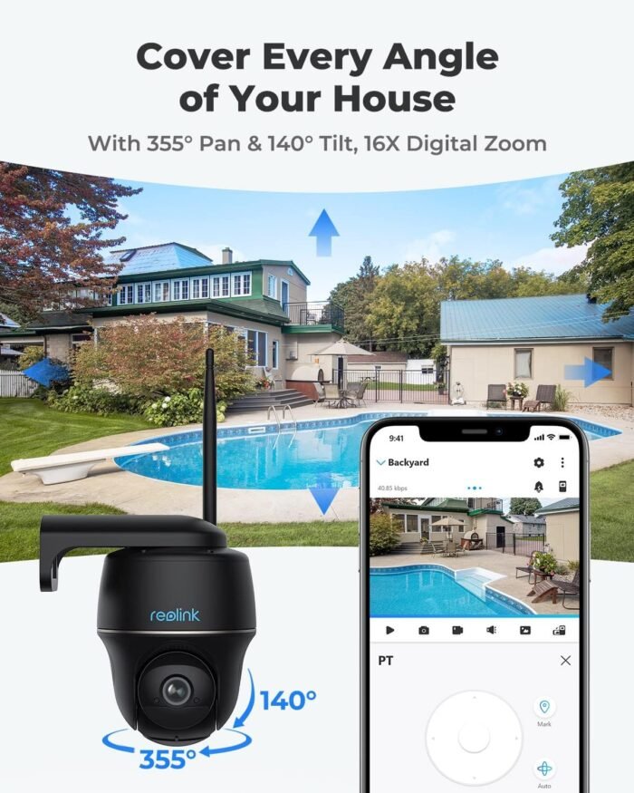 REOLINK 5MP Security Camera System Wireless Outdoor, Pan Tilt Battery Solar Cam with 2.4/5GHz Dual-Band WiFi, Smart Detection, Time Lapse, Home Hub Compatible, Argus PT + Solar Panel (Black) - Image 2