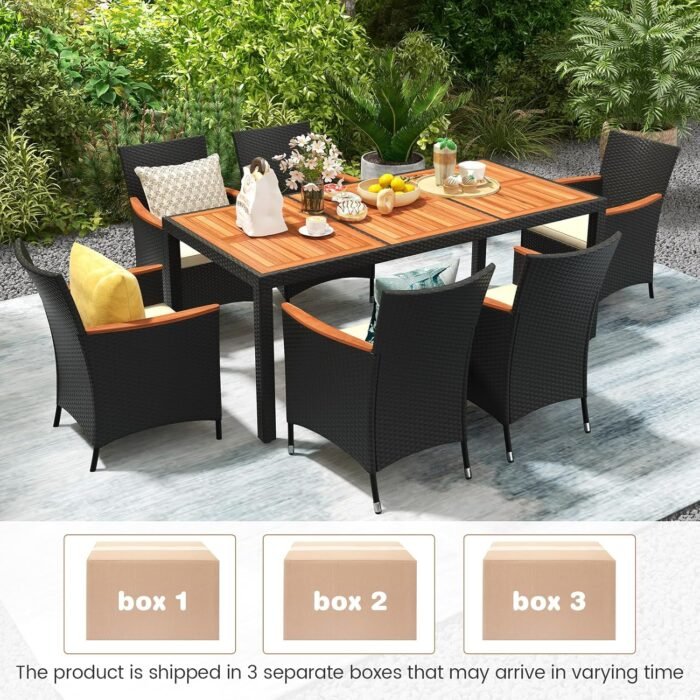 HAPPYGRILL 9 Pieces Outdoor Dining Set for 8, Patio Conversation Set with Acacia Wood Tabletop, Umbrella Hole, Washable Seat Cushions, Rattan Dining Table & Chair Set for Garden Yard Poolside - Image 4