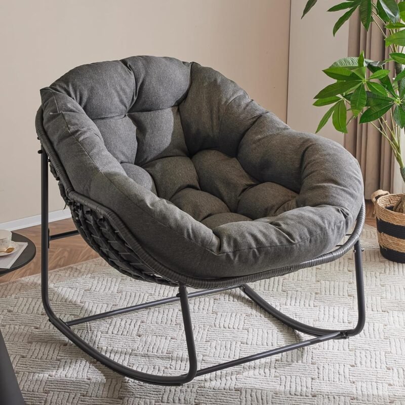 Papasan Rocking Chair with Thick Cushion, Indoor Outdoor Comfy Patio Chair with Upgraded Steel Frame Oversized Wicker Lounge Chair for Front Porch, Garden, Bedroom, Living Room,Grey