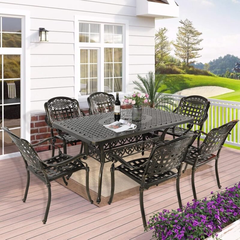7-Piece Outdoor Patio Dining Set, 60” Rectangular Cast Aluminum Dining Table with Umbrella Hole and 6 Outdoor Dining Chairs, Patio Funiture Set for Backyard, Patio, Garden