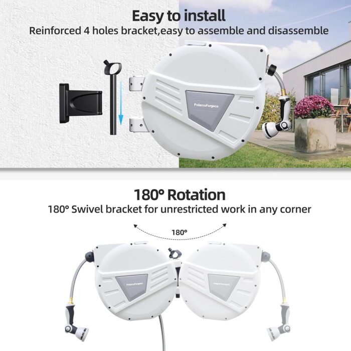 5/8" x 65ft Retractable Garden Hose Reel, Wall-Mounted with 10-Function Spray Nozzle, Any-Length Lock, UV Resistant, Automatic Rewind & 180°Swivel - Image 4
