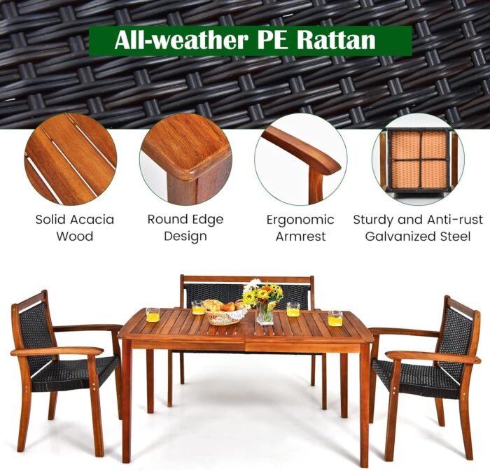 HAPPYGRILL 4 Piece Patio Dining Set Outdoor PE Rattan Space-Saving Dining Table Set with Umbrella Hole, Patio Armchairs and Acacia Wood Table Set for Garden Backyard Poolside - Image 5