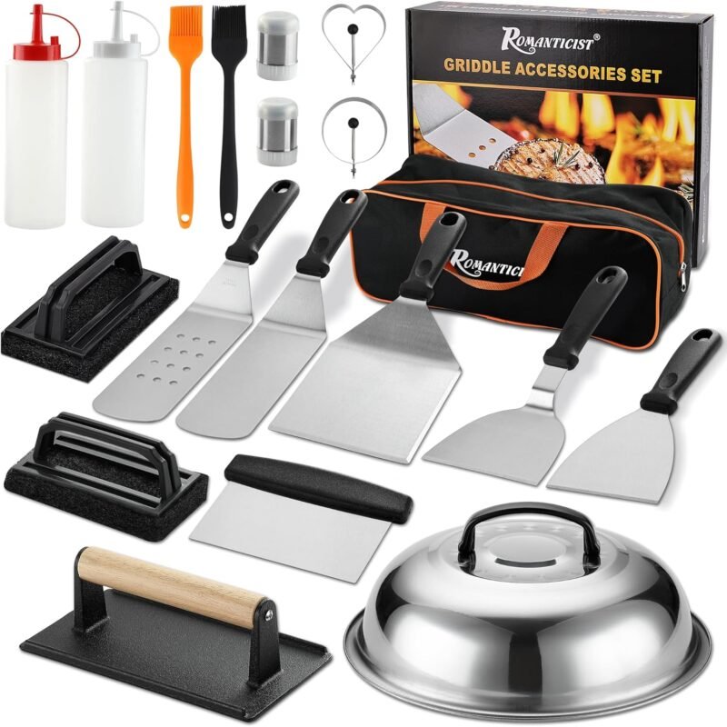 ROMANTICIST 19PCS Griddle Accessories Set - Flat Top Teppanyaki Spatula Set with Scraper, Basting Cover for Camp Chef- Home Cooking Griddle and Outdoor BBQ Gifts for Christmas