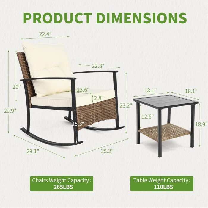 HOMEFUN Outdoor Rocking Chair Set with Cushions and 2-Tier Coffee Table, Rattan Wicker 3 Pieces Patio Bistro Furniture Sets for Garden, Porch, Balcony, Backyard Cream - Image 6