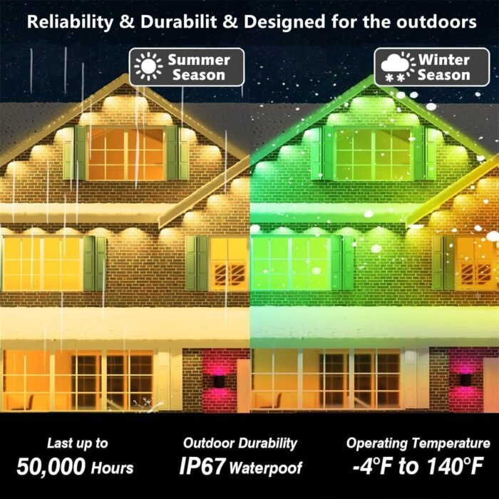 200FT Permanent Outdoor RGB Lights,IP67 Waterproof Smart LED Eaves Lights with App/Remote Control,for Christmas and All Holiday Decor,Daily and Accent Lighting,House Roof and Garden Lighting - Image 4