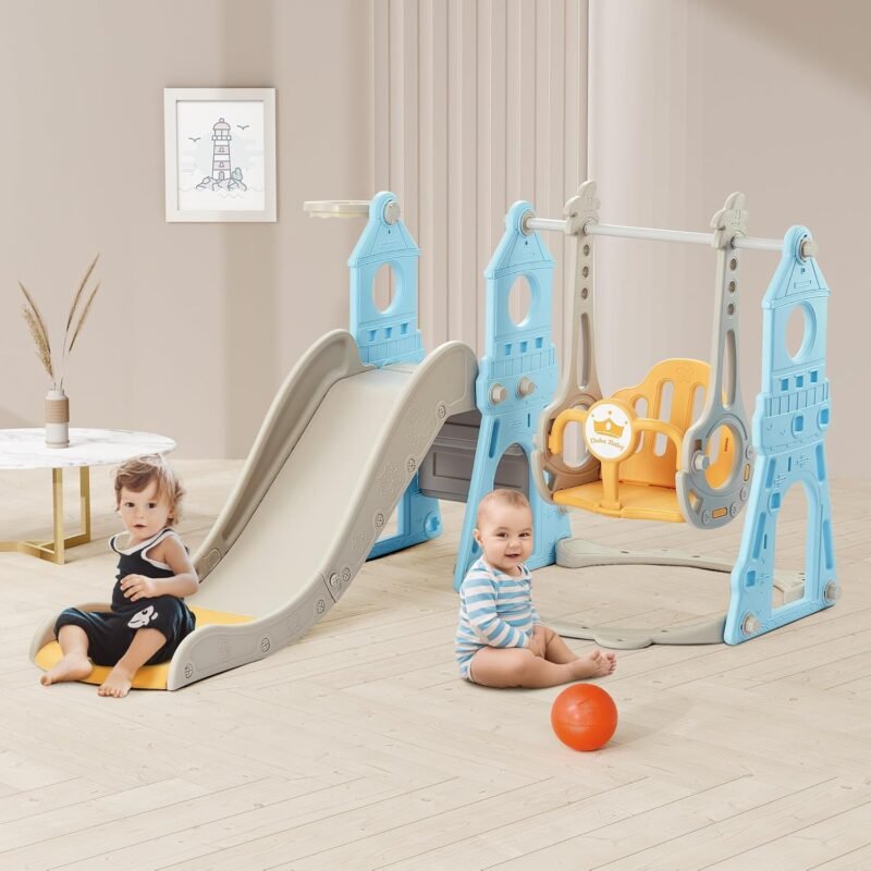 4-in-1 Toddler Slide and Swing Set with Extra Large Playground, Basketball Hoop & Climber, Indoor/Outdoor Playset, Castle Collection - Blue & Yellow