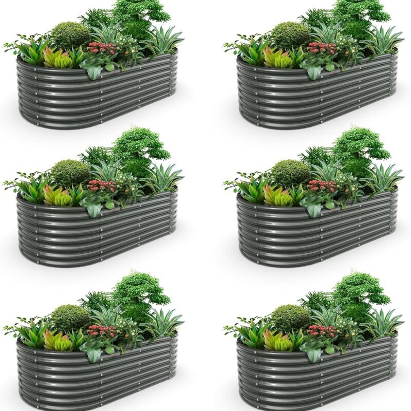 A ANLEOLIFE 6-Set 8X4X2 ft Galvanized Raised Garden Bed Kit, Oval Metal Deep Root Planters for Outdoor Plants, Quartz Grey