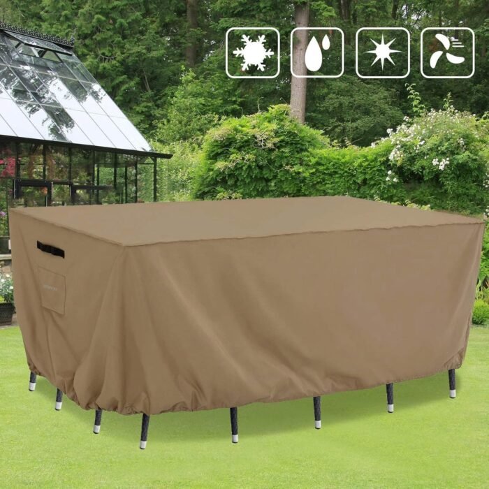 Tempera Outside Table and Chair Covers, Outdoor Dining Set Cover, Patio Furniture Cover Waterproof, Heavy Duty for Winter, Rectangle, 74''L x 47''W x 27.8''H, Taupe - Image 7