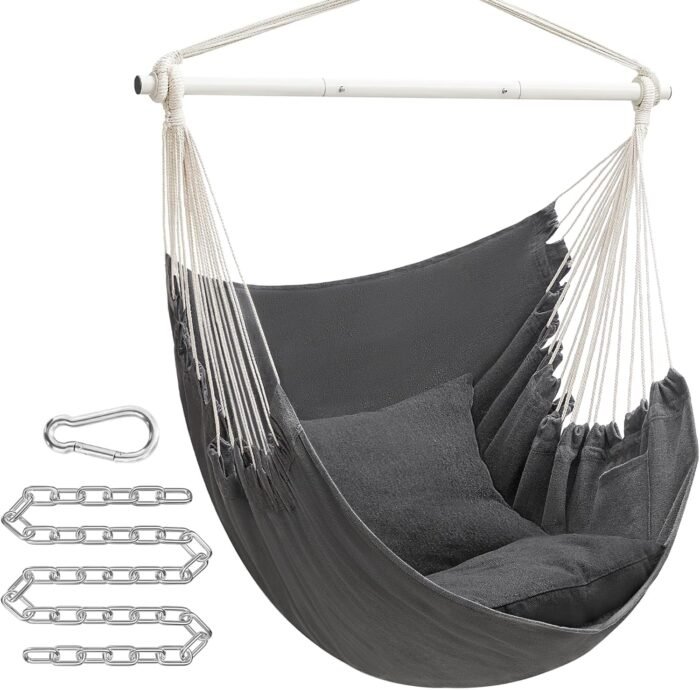 SONGMICS Hammock Chair, Load Capacity 500 lb, Hanging Chair with 2 Cushions, Large Hammock Swing with Chain and Pocket, for Indoor, Outdoor, Living Room, Bedroom, Slate Gray UGDC197G02 - Image 2