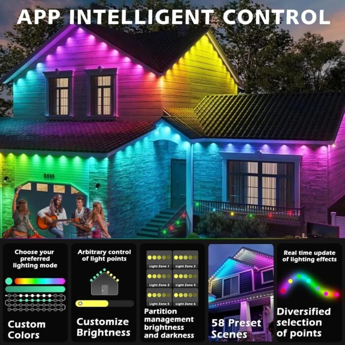 100FT Permanent Outdoor Lights,RGB Eaves Lights with App Control Remote,DIY Scene Modes IP67 Waterproof Outdoor Under Eave Lighting,Outdoor Lights for Outdoor Decor,Garden Decor,House,Party,Holiday - Image 2