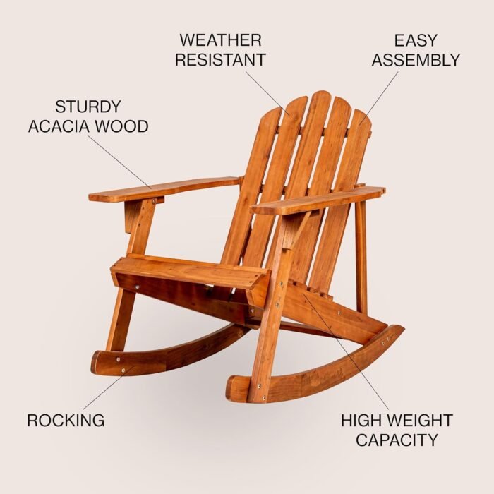 JONATHAN Y PAT1000A Kiawah Outdoor Patio Classic Acacia Wood Adirondack Rocking Chair for Garden, Lawn, Backyard, Pool, Deck, Beach, Firepit, Light Brown - Image 5