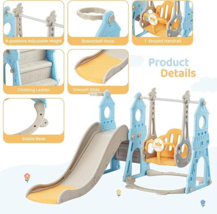 4-in-1 Toddler Slide and Swing Set with Extra Large Playground, Basketball Hoop & Climber, Indoor/Outdoor Playset, Castle Collection - Blue & Yellow - Image 2