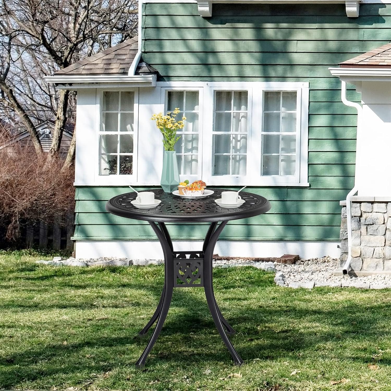 30.25 Inch Patio Bistro Table with Adjustable Feet, Round Outdoor Coffee Table with Umbrella Hole, Outdoor Side Table for Porch, Backyard, Garden, Classic Black - Image 7