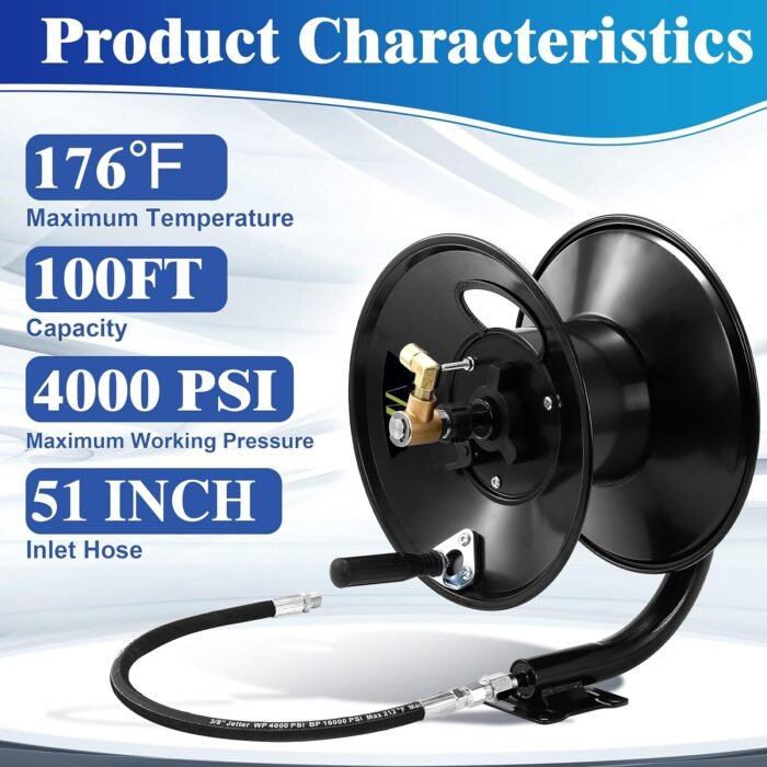 M MINGLE Pressure Washer Hose Reel 100ft, Heavy Duty Steel Hose Reel, Manual Crank Power Washer Hose Reel with Swivel Arm, 3/8" NPT Outlet Pipe, 4000 PSI - Image 2