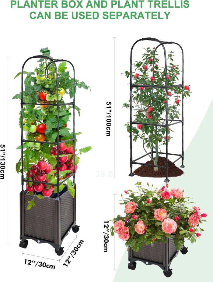 Raised Garden Bed Planter Box with Trellis, 51” Self-Watering Tomato Planter Boxes with Wheels for Climbing Plants, Tomato Cage for Patio Greenhouse Gardening Indoor Outdoor， 2 Pack - Image 8