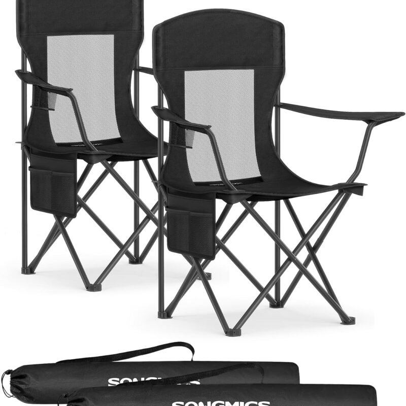 SONGMICS Camping Chairs, Outdoor Chairs Set of 2, Foldable Sports Chairs, High Back, Adjustable Armrests, Drink Holder, Weight Capacity 330 lb, Garden Backyard, Ink Black UGCB028B02