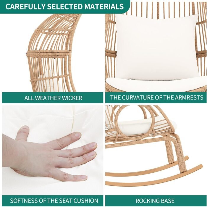 YITAHOME Rocking Egg Chair Outdoor, 370lbs Capacity Wicker Patio Basket Chair, All-Weather Small Egg Lounger Chair for Indoor Outside (Beige) - Image 5