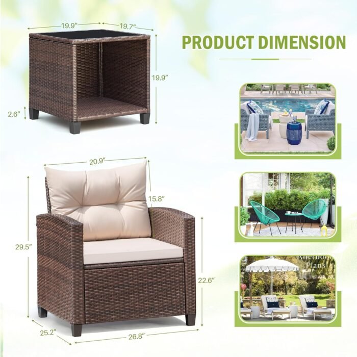 Devoko 3 Pieces Patio Furniture Set, PE Rattan Wicker Patio Set with Two Outdoor Chairs and Table, Upgraded Patio Chairs and Table for Porch, Garden Poolside Balcony - Image 7