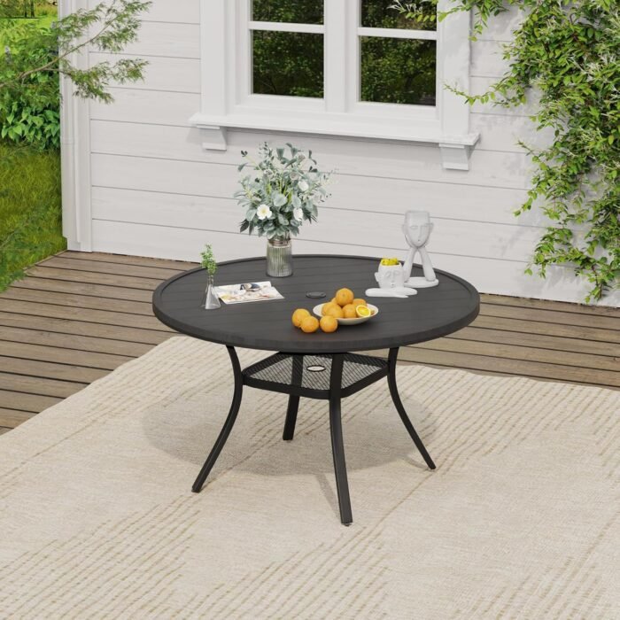 VICLLAX 5 Pieces Outdoor Dining Set, Patio Furniture Set of 4 Patio Stackable Dining Chairs and Outdoor Plastic Round Table with Storage Shelf for Lawn Garden Yard, Black Chairs and Black Table - Image 5