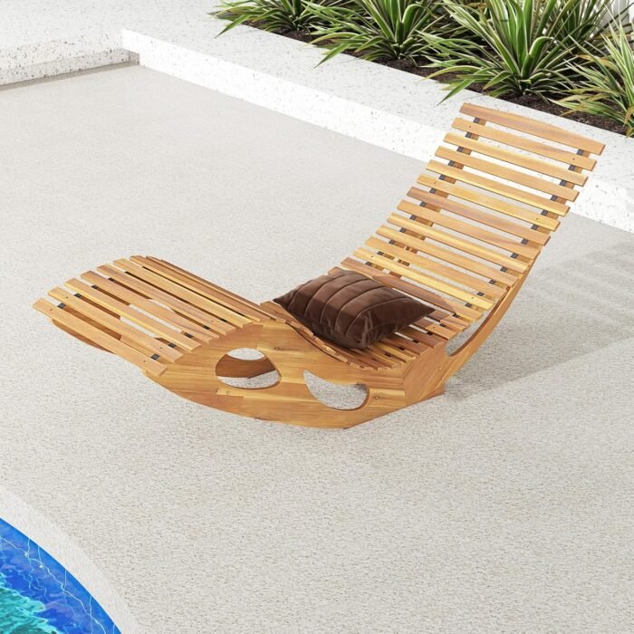 Tangkula Outdoor Chaise Lounge Chair, Acacia Wood Rocking Sun Lounger with Slatted Backrest and Seat, Wooden Rocker Lounge Chair for Patio, Garden and Poolside - Image 9
