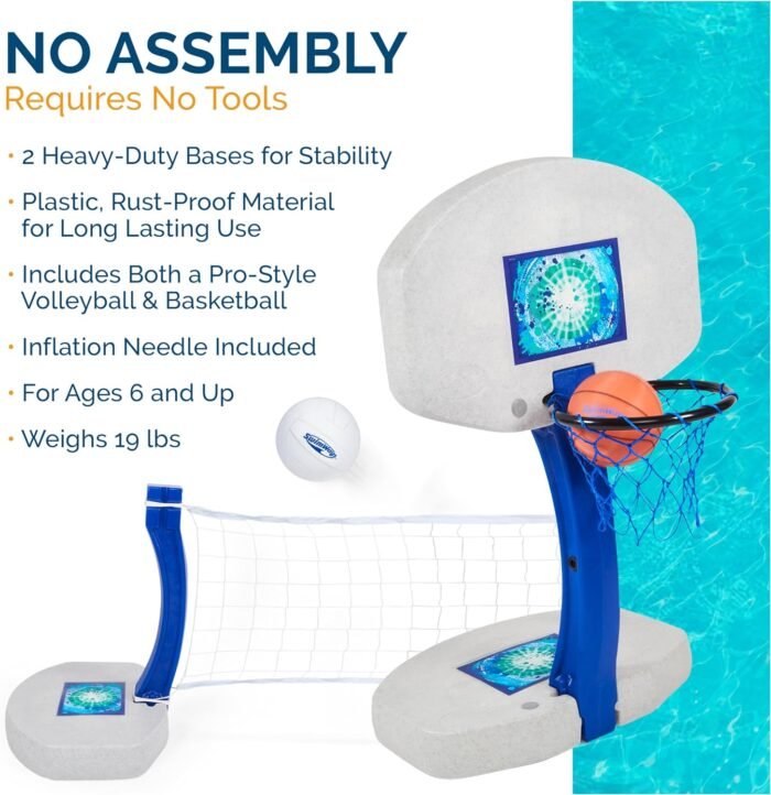 SwimWays 2-in-1 Pool Sport Combo Set - Volleyball Net & Outdoor Basketball Hoop for in- & Above Ground Pool, Outdoor Games for Adults and Family - Image 6