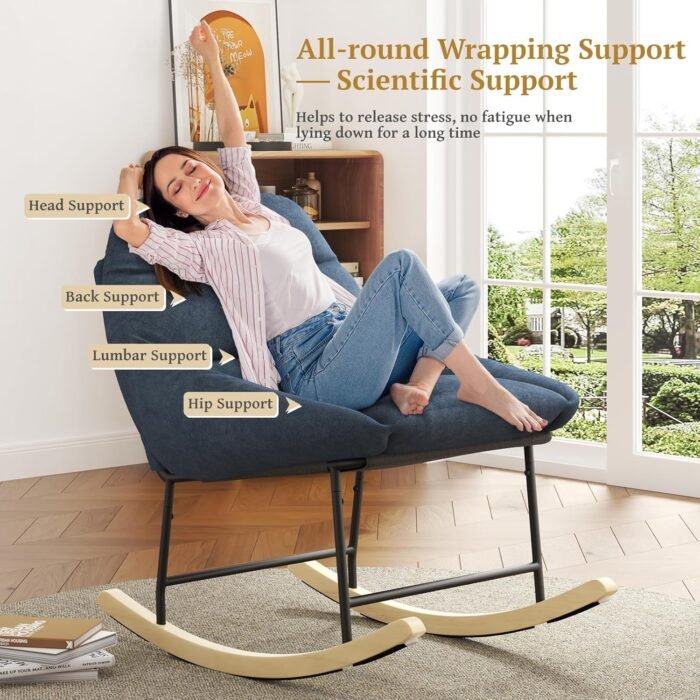 Vesgantti Outdoor Rocking Chair, Sherpa Fleece Upholstered Rocker Chair with Deep Seat, Rocking Accent Chair for Bedroom, Living Room, Porch, Garden, Blue-Gray - Image 4