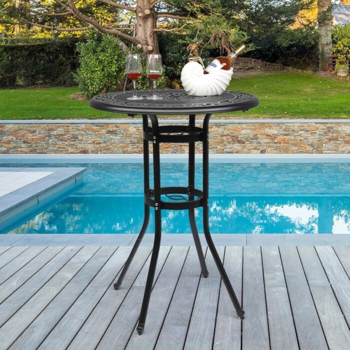 VINGLI Outdoor Bar Table, Cast Aluminum Bar Height Patio Table with Umbrella Hole Patio Dining Table, Tall Outdoor Table Bistro Table Outdoor Furniture Garden Table 32" Dia x 41 H (Black) - Image 7