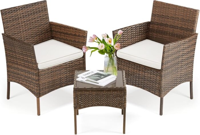 DUMOS Patio Furniture Set 3 Pieces, Outdoor Wicker Furniture with Coffee Table, Modern Rattan Patio Chairs Conversation Sets with Sofa for Garden, Terrace, Porch, Balconies, Lawns(Brown and Beige)