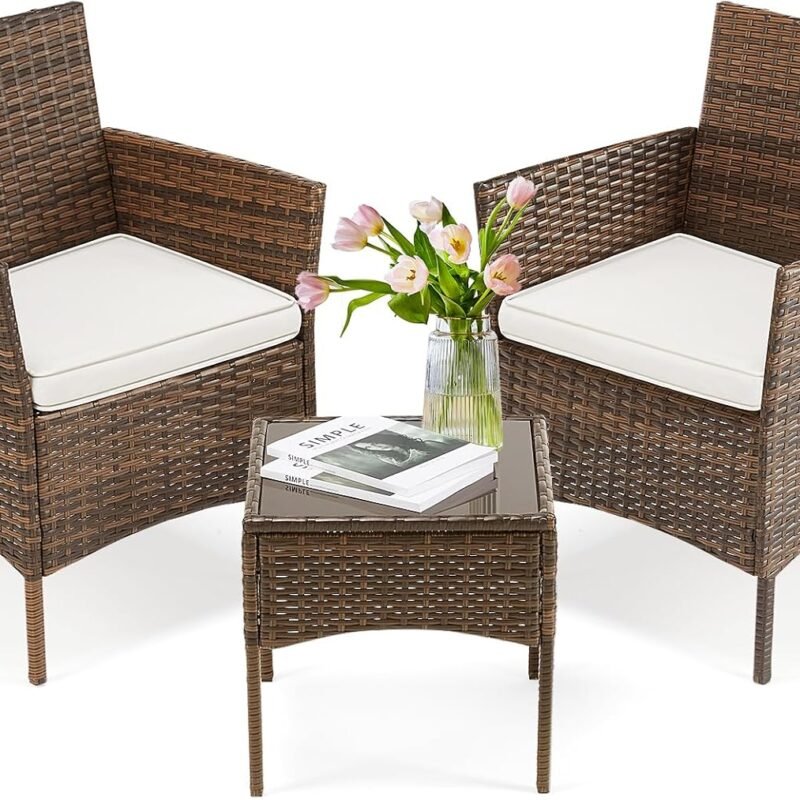 DUMOS Patio Furniture Set 3 Pieces, Outdoor Wicker Furniture with Coffee Table, Modern Rattan Patio Chairs Conversation Sets with Sofa for Garden, Terrace, Porch, Balconies, Lawns(Brown and Beige)
