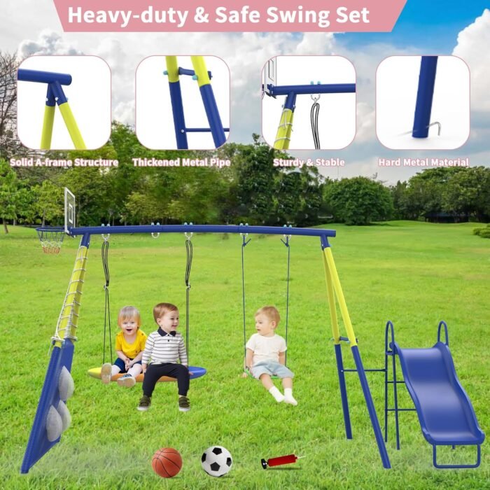 Swing Sets for Backyard, Heavy-Duty Swing and Slide Set, 440lbs 5 in 1 Outdoor Swing Set with Slide, Saucer Swing, Swing Seat, Soccer Goals and Basketball Hoop, Outdoor Playset Suitable for Kids - Image 4