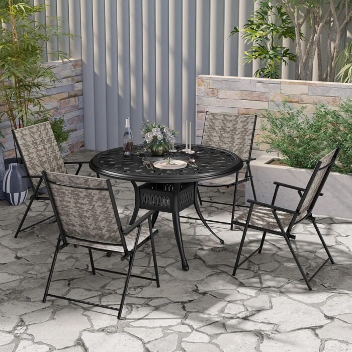 Tangkula Set of 4 Patio Folding Chairs, Outdoor Wicker Dining Chairs with Armrests, Portable Lawn Chairs with Metal Frame for Garden, Backyard, Poolside, No Assembly (4, Mix Gray) - Image 5