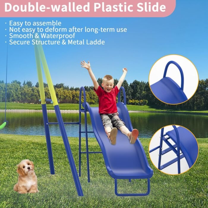 Swing Sets for Backyard, Heavy-Duty Swing and Slide Set, 440lbs 5 in 1 Outdoor Swing Set with Slide, Saucer Swing, Swing Seat, Soccer Goals and Basketball Hoop, Outdoor Playset Suitable for Kids - Image 5