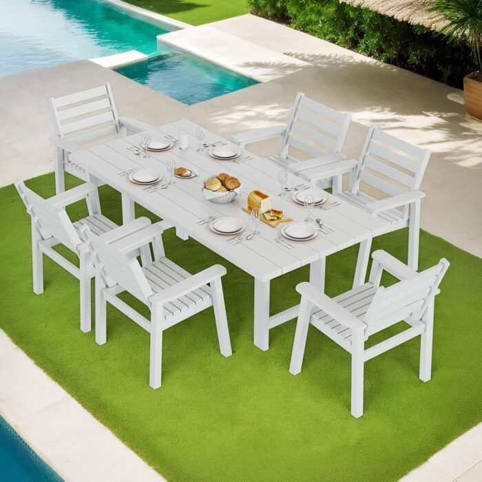 7-Piece Outdoor Dining Set, 71" HDPE Table with 6 Chairs, Large Outside Patio Furniture with Umbrella Hole for Garden, Backyard, Poolside, White - Image 9