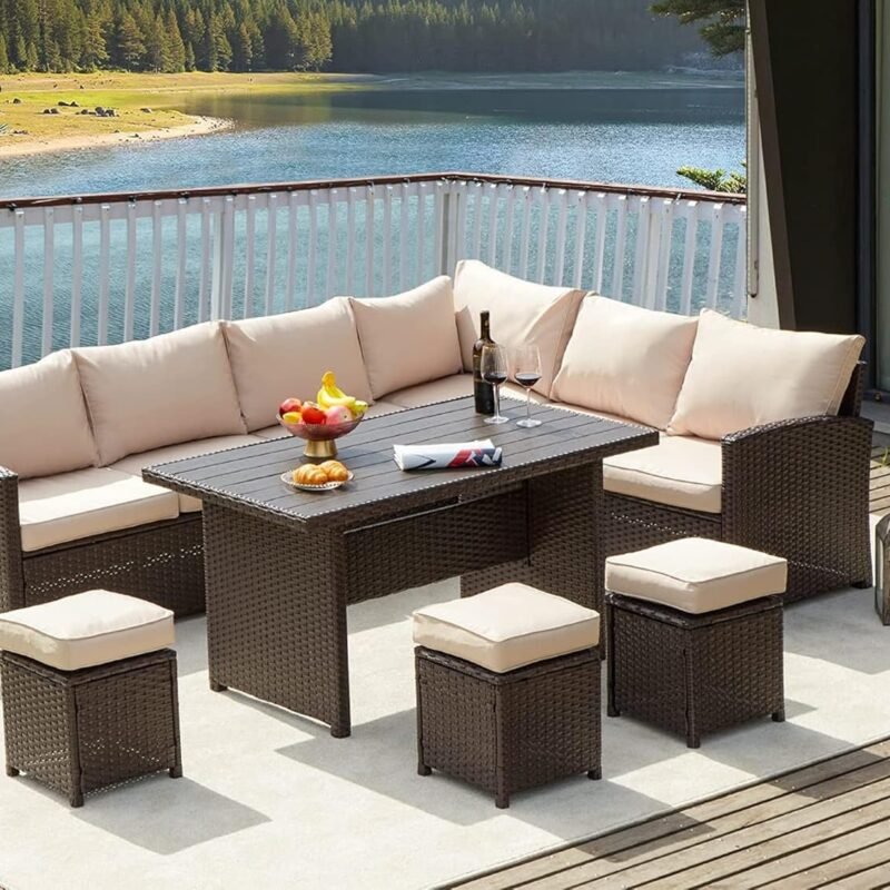 AECOJOY Patio Furniture Set, 7 Pieces Outdoor Patio Furniture with Dining Table&Chair, All Weather Wicker Conversation Set with Ottoman, Brown Rattan&Khaki Cushion