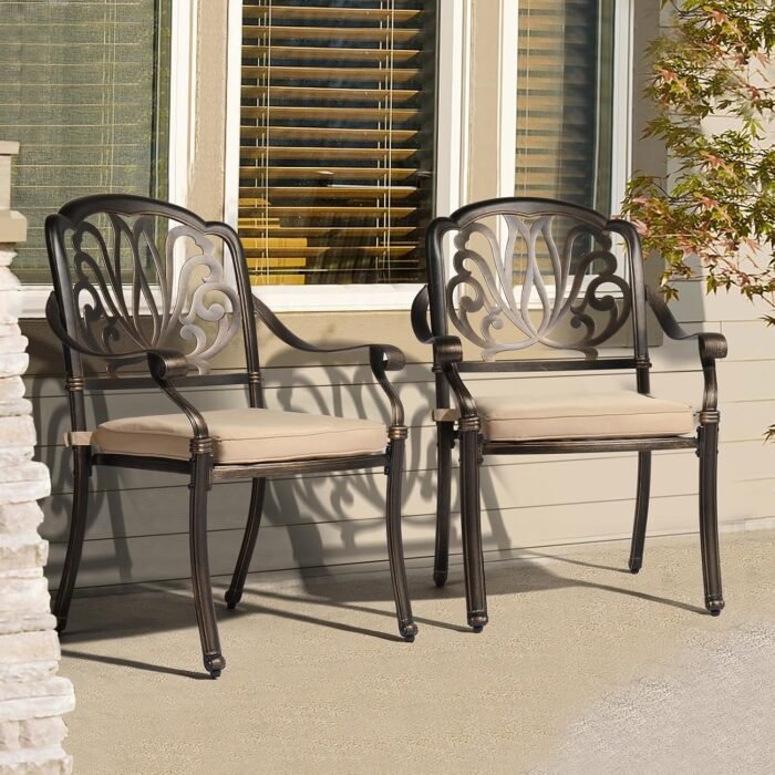 VINGLI Outdoor Dining Chairs Set of 2 Aluminum Patio Chairs, Cast Aluminum Patio Furniture Aluminum Outdoor Chairs for Backyard, Poolside, Balcony Bronze (with Cushion) - Image 6