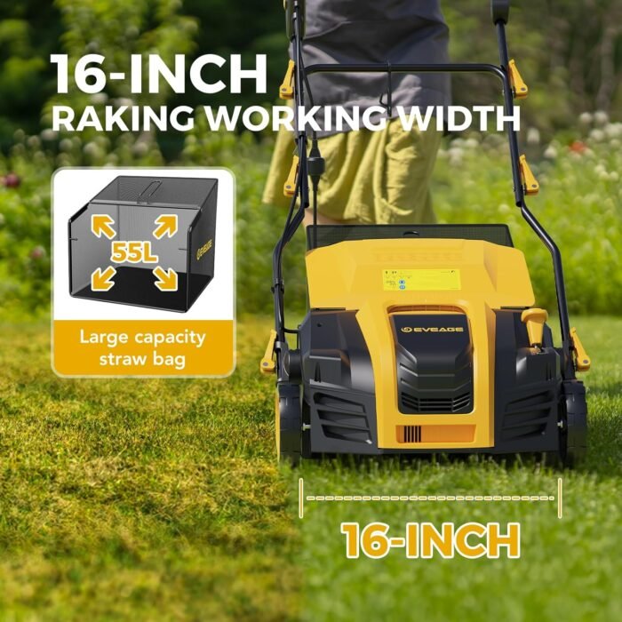 2024 Upgraded EVEAGE 16-Inch 15 Amp Electric Dethatcher & Scarifier, 5-Position Depth Adjustment, 14.5gal Collection Bag, Increases Lawn Health, EDS16S - Image 6