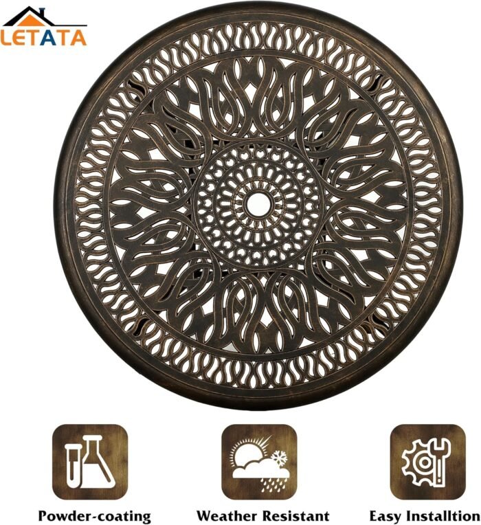 35.4in Round Cast Aluminum Patio Bistro Table, Outdoor Dining Table with 2" Umbrella Hole, Weather-Resistant Table for Porch, Backyard, Garden, Balcony, Bronze (35.4" Round Table) - Image 6
