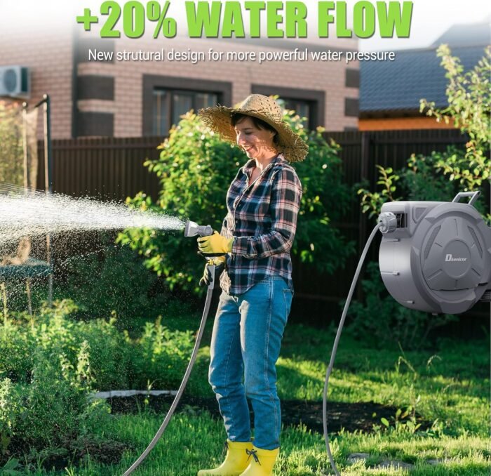 1/2" x 150 ft Retractable Hose Reel, Heavy Duty Retractable Garden Hose Reel Wall Mounted with 10-Pattern Hose Nozzle/Any Length Lock/Slow Return System/180°Swivel Bracket - Image 6