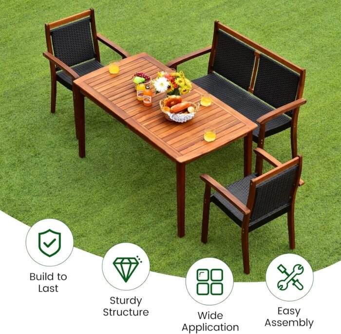 HAPPYGRILL 4 Piece Patio Dining Set Outdoor PE Rattan Space-Saving Dining Table Set with Umbrella Hole, Patio Armchairs and Acacia Wood Table Set for Garden Backyard Poolside - Image 6