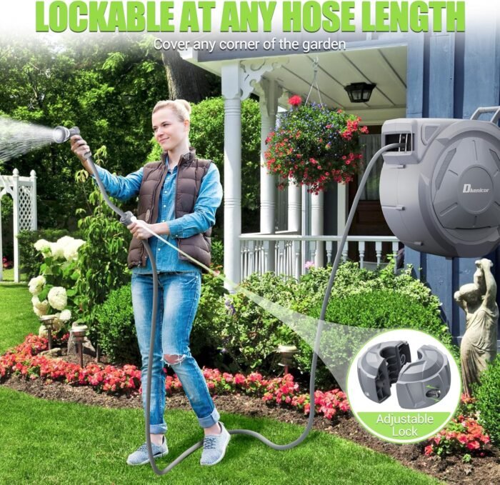 1/2" x 150 ft Retractable Hose Reel, Heavy Duty Retractable Garden Hose Reel Wall Mounted with 10-Pattern Hose Nozzle/Any Length Lock/Slow Return System/180°Swivel Bracket - Image 7