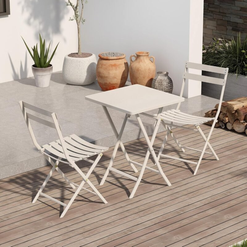 3 Piece Patio Bistro Set Foldable Square Table and Chairs, Metal Folding Outdoor Dining Table Patio Furniture Sets for Yard, Garden Small Spaces (White)