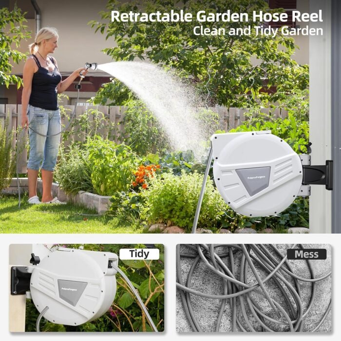 5/8" x 65ft Retractable Garden Hose Reel, Wall-Mounted with 10-Function Spray Nozzle, Any-Length Lock, UV Resistant, Automatic Rewind & 180°Swivel - Image 6